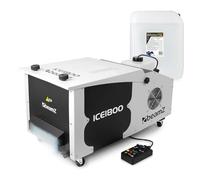 beamz ICE1800 low fog machine bundle with 1800W output, DMX and standalone modes, 3.1L removable fluid tank, 3m wired remote, and 20L dense ground fog fluid for weddings, events, and stage use