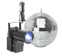 BeamZ MB30 30cm Disco Mirror Ball with Battery-Powered Motor & RGBW LED Pinspot Light, Complete Glitter Ball Set for DJ Party Wedding Stage Lighting and Dancefloors