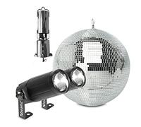 BeamZ MB30 Mirror Disco Ball Set with Battery Powered Silver Motor & 2X LED Pin Spot Lights - 30cm Glitter Ball Kit for Weddings, Parties, Events, Dance Halls & Home Use