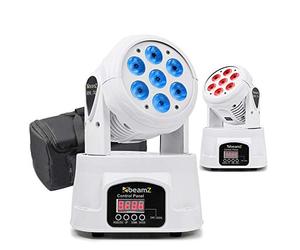 beamz MHL74 LED Moving Head Wash Lights Pair in White with DMX Control, RGBW Colour Mixing, Soft Case & XLR Cable - DJ, Stage & Theatre Lighting Kit