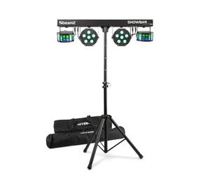 BeamZ SB02 Wireless Portable Party Light with Stand, 4-in-1 Rechargeable DJ Lighting System, Derby and RGBW LED Par Cans, DMX Control & Remote for Mobile Events, Disco & Stage Shows