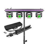 BeamZ ShowBar Go Vibe Moving Head Light Bar - Complete DJ Lighting Package with 4 Moving Heads, LED Rings, Wash Light Strobe Bar, Tripod Stand & Carry case for Mobile DJs, Bands, Events