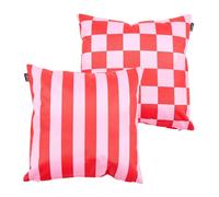 Bean Bag Bazaar Outdoor Cushions Filled, Stripe Collection, Checkerboard Pink, Reversible Print, Set of 2, 43cm x 43cm, Water Resistant, Pink Outdoor Cushions for Garden Furniture, Garden, Patio