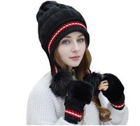 Beanie Cap Pom Pom Fleece Women's Skullies & Beanies Knitted Womens Hats Thermal with Ear Flaps Ladies Bobble Hats Warm Plush Thick Winter Hat Women Black