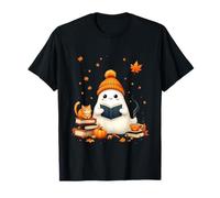 Beanie Ghost Cozy Reading Cat Autumn Cute Halloween T-Shirt