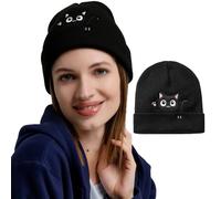 Beanie Hat for Women, Cutie Cat Pattern Winter Soft Warm Knitted Hats, Acrylic Cuffed Skull Cap for Ladies Indoor Outdoor Black