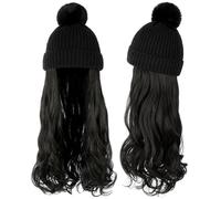 Beanie Hat with Long Wavy Curly Hair Extensions Knit Beanie Cap Attached Synthetic Wig Detachable Hairpiece for Winter Women Girls
