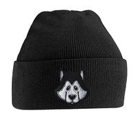 Beanie Hats for Men Siberian Husky Beanies Embroidered Animal Face Knitted Wooly Hat One Size Fits All Beanie Hat - Black