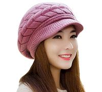 Beanie Hats for Women - Knitted Winter Hat Fleece Lined Ladies Beret Hat Warm Knitted Wool Hat Peaked Baker Boy Hat with Visor Pink Purple