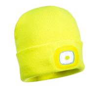Portwest Beanie Hat and USB Rechargeable LED Head Light Yellow One Size