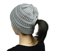 Beanie Ponytail Hat for Women Knit Messy High Bun Cross Criss Hole Winter Warm Soft Stretch Skull Cap Outdoor hat, Adjustable (Grey)
