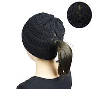 Beanie Ponytail Hat for Women Knit Messy High Bun Cross Criss Hole Winter Warm Soft Stretch Skull Cap Outdoor hat, Adjustable (Dark Blue)