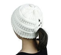Beanie Ponytail Hat for Women Knit Messy High Bun Cross Criss Hole Winter Warm Soft Stretch Skull Cap Outdoor hat, Adjustable (White)