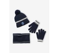 Beanie + Snood + Gloves Set in Rib Knit for Boys blue dark two color/multicol