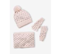 Beanie + Snood + Gloves with Hearts Set for Girls pink light solid with design