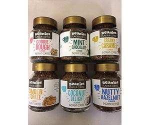 Beanies Instant Flavoured Coffee 6 x 50g Jars, Cookie Dough, Mint Chocolate, Creamy Caramel, Cinder Toffee, Coconut Delight, Nutty Hazelnut.