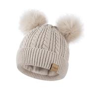 Beanies Women with Double Pom Pom, Winter Hats for Women Cold Weather Warm Cable Knit Fleece Lined, Cute Beanie Cap for Daily Use(Oatmeal)