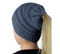 BeanieTail Soft Stretch Cable Knit Messy High Bun Ponytail Beanie Hat, Dark Denim