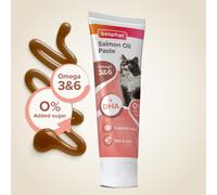 Beaphar - Salmon Oil Paste for Cats - Promotes Glossy, Shiny Coat - Supports Vision & Overall Health - Contains Omega 3 & 6, and DHA - Sugar & Grain