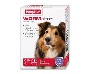 Beaphar | WORMclear Tablets for Dogs up to 40kg | Kills All Common UK Intestinal Tapeworms) | Vet Strength Treatment | Pork-flavoured | 4 tablets