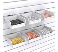 BeapTcely Slatwall Bins with Hooks Plastic Slatwall Organizer Slatwall Containers Workbench Bins for Slat Wall Organizing Hardware, Garage, Craft Room, Tool Shed, Hobby Supplies (6, White)