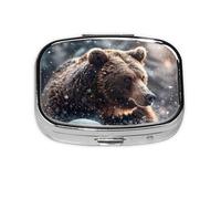 Bear_1 Square Mini Pill Case, Compact Metal Pocket Pill Box with 2 Compartments for Travel