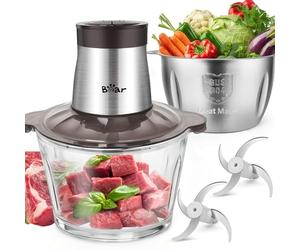 Bear 2L+1.8L 600W Electric Food Processors & Chopper with Glass Container and 304 Stainless Steel Container, 2 Speed Settings, 4 Stainless Steel Blades for Chopping Meat, Baby Food, Fruit, Vegetable
