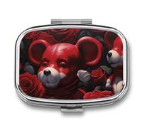 Bear Among The Roses Pill Box 2 Compartment, Portable Pill Case with Mirror for Pocket Purse Travel, Mini Metal Medicine Organizer for Vitamins Fish Oil