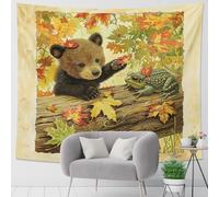 Bear and Amphibian Autumn Tapestry, Fall Nature Forest Animals Decorative Wall Hanging, Cute Woodland Tapestry for Bedroom, Living Room, Nursery 40x60 Inch