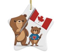 Bear and flag -Print Christmas Ceramic Star Ornaments - Handmade Ceramic Holiday Decor With Gold String For Tree Home Festival.