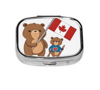 (Bear and Flag) Square Pill Box with 2 Compartment Small Pill Organizer Portable Pill Case Vitamin Containers, Travel Essentials 5.5x4x1.8 cm