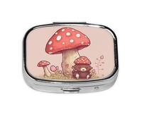 Bear and Mushroom Print Pill Box Square Pill Case 2 Compartment Small Metal Medicine Organizer Portable Travel Pillbox for Pocket Purse Cute Mini Pill Container to Hold Daily Vitamins