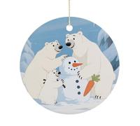 Bear and Snowman Ceramic Christmas Ornaments with Gold String - Personalized Double-Sided 2.9 Inch Xmas Tree Decorations, Rustic Winter Hanging Ornaments for Holiday Party Gift