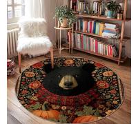 Bear Area Rug, Autumn Rustic Pumpkin Flower Fall Black Non-Slip Backing Doormat Home Accents Rug Fade Resistant Entryway Bathroom Laundry Room Bedside Decor 4' x 4'