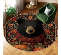 Bear Area Rug, Autumn Rustic Pumpkin Flower Fall Black Non-Slip Backing Edge Binding Home Circle Carpet Rugs for Living Room Bedroom New Home Dining Decor 6' x 6'