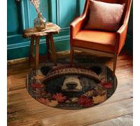 Bear Area Rug, Fall Rustic Leaves Hat Fall Brown Non-Slip Edge Binding Doormat Throw Rug Circle Entryway Bathroom Laundry Room Decor 3' X 3'