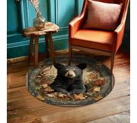 Bear Area Rug, Rustic Nature Leaves Pinecones Fall Brown Low Pile Foam Doormat Round Throw Rug Stain Resistant Entryway Bathroom Laundry Room Bedside Decor 3' X 3'