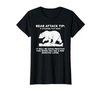 Bear Attack Tip Play Dead Funny Camping Hiking Humor Value Graphic T-Shirt, Women, Black, M