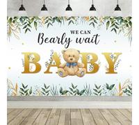 Bear Baby Shower Backdrop, We Can Bearly Wait Photography Background, Newborn Party Shooting Prop, Eucalyptus Leaves Watercolor Floral Cake Table Decoration Birthday Party Background - 5.9ft x 3.6ft