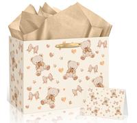 Bear Baby Shower Birthday Gift Bag Large Bear Gift Bag with Handles Tissue Paper Greeting Card Brown Bow Treat Candy Bag for Girls Boys Newborn Gender Reveal Women Birthday Party Supplies Decorations