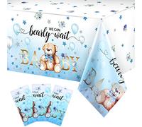 Bear Baby Shower Tablecloth Plastic Bear Table Cover We Can Bearly Wait Baby Tablecloth Bear Balloon Star Flower Table Cover for Kids Birthday Party and Baby Shower, 54 x 108 Inch (Blue,3 Pack)