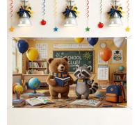 Bear Backdrop, Cartoon Playful Raccoon Air-Float Balls Back to Campus Yellow Decorations Backdrops for Home Room Wall Celebration Display Decor 71x43 Inch