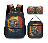 Bear Backpack 3 Piece Set for Girls Age 7, German Flag Theme School Backpack with Lunch Tote and Pencil Case Year 1 for Girls Weekend Adventures Sports Practice and Family Travel