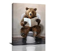 Bear Bathroom Wall Art Funny Pictures Wall Decor Bear on Toilet Canvas Print Painting Home Bathroom Signs Decoration Artwork Framed 12"X16"
