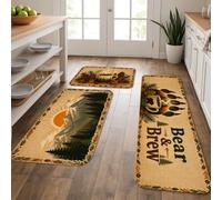 Bear & Brew Kitchen Mats for Floor, Rustic Mountain Coffee Soft Mats, Autumn Cushioned Comfort Washable Decor Rugs for Kitchen Sinks Laundryroom Bathroom 3pcs