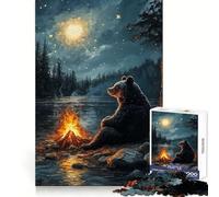 Bear by Campfire Under Starry Night Jigsaw Puzzles 1000 Piece for Teenagers Thought Training Mind Soothing Fun Uniform Cut Thoughtful Xmas (50x75cm)