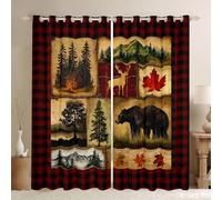 Bear Cabin Plaid Blackout Curtains, Rustic Farmhouse Curtains, Retro Hunting Deer Window Treatments, Country Woodland Pine Tree Curtains Drapes, Maple Leaf Darkening Curtains, Red Black Brown 42"X84"