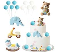 Bear Cake Toppers Set 14 Pcs Kawaii Bear Cake Decorations with Blue Clad Bears Elephant Scooter Ball Blue Unicorn Cute Animal Themed Cakes Topper for Baby Shower Kid Birthday Party