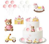 Bear Cake Toppers Set 14 Pcs Kawaii Bear Cake Decorations with Castle Scooter Ball Pink Unicorn Cakes Topper Cute Animal Themed Cake Decorations for Kid Birthday Party Baby Shower