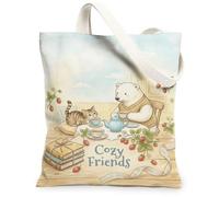Bear Canvas Tote Bag for Women, Cozy Fanciful Cat Strawberry None Pastel Blue Washable Reusable Small Tote Bags Ideas for O, Pastel Blue, 13x15 Inch